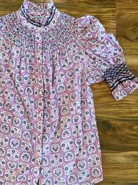 Andion Spain Women’s Hand Smocked Amelia Blouse Small Purple Petite Floral Shirt